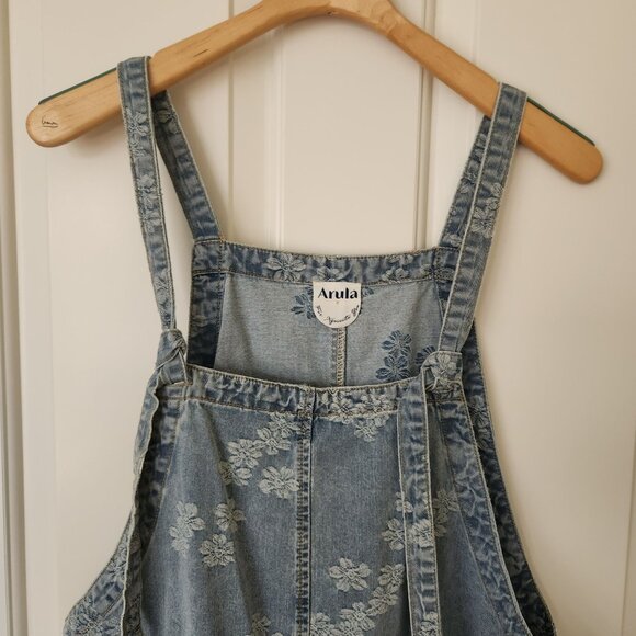 Arula Floral Embroidered Denim Skirtall Overall Apron Dress Summer Cottage Boho - Picture 3 of 10